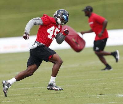 In this June 13, 2018 file photo Atlanta Falcons linebacker Deion Jones (45) runs during NFL football minicamp in Flowery Branch, Ga. The Falcons have placed Jones on injured reserve, taking a second 2017 Pro Bowler from the defense in less than a week. Jones hurt his foot in the team’s 18-12 opening loss at Philadelphia. In a statement released by the team, Falcons coach Dan Quinn said Monday, Sept. 10, 2018 that Jones will require surgery but is expected to return this season. (John Bazemore / Associated Press)