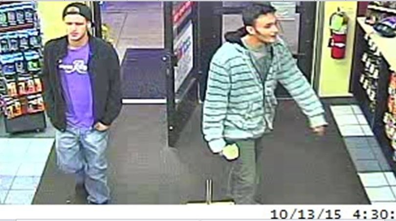 Rathdrum police are seeking information re: the identity of these two men who are suspects in the theft and fraudlent use of a credit card from a Rathdrum home. The men were caught on surveillance camera a short time later at 4:30 a.m. using the credit card at the Holiday gas station at H95/Prairie Ave, Hayden. Crimestoppers is offering a report for information leading to their capture.  call the Crime Stoppers Tip Line at 1-800-222-TIPS, or should submit the tip via the Internet website http://www.crimestoppersinlandnorthwest.org.