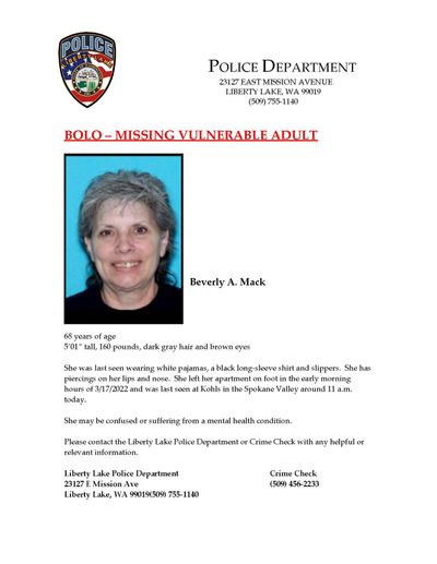 Liberty Lake police are seeking the public’s help in locating Beverly A. Mack, 68, a missing woman.  (Courtesy of Liberty Lake Police Department)