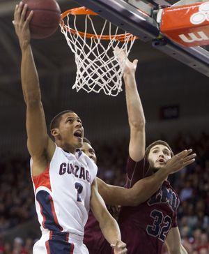 Gonzaga's Angel Nunez drives to the basket on Saturday in Spokane. (Tyler Tjomsland)