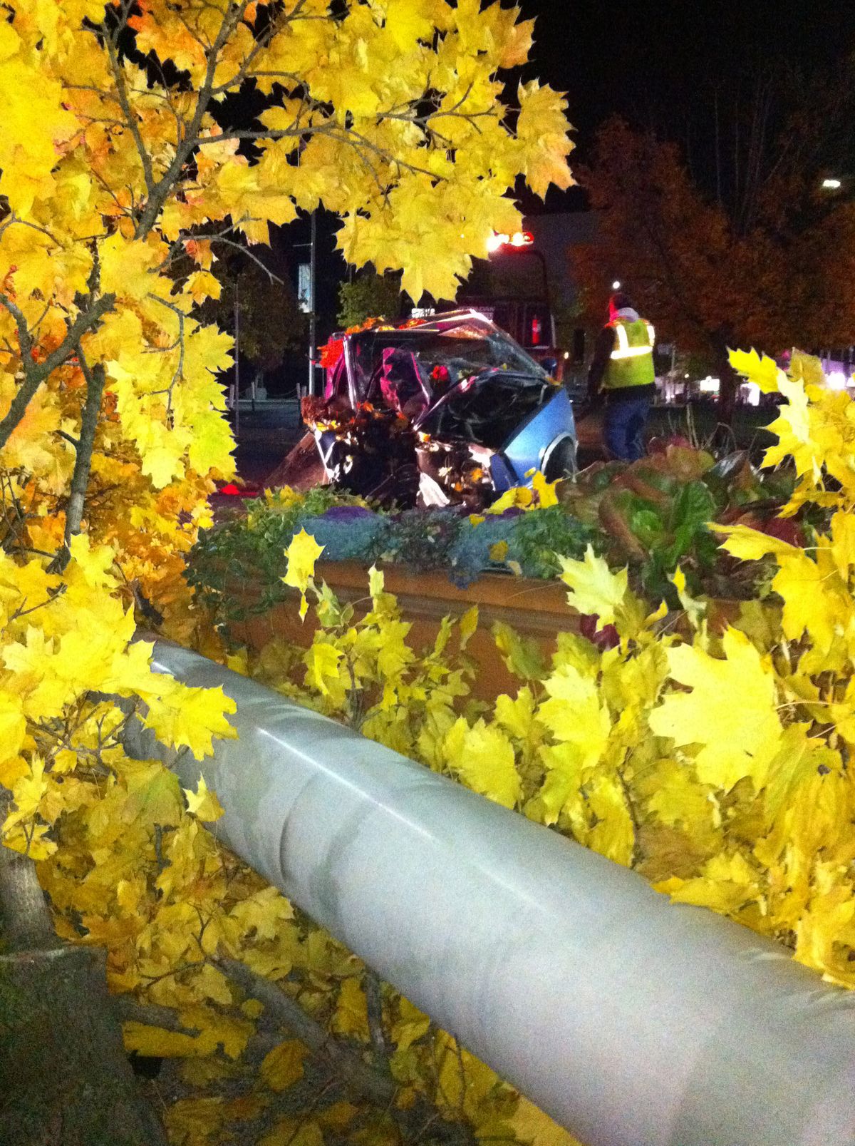 A Chevy El Camino crashed and snapped off a stoplight, tree and street light Sunday evening, Oct. 31, 2010, in downtown Spokane along Stevens Street, just south of Spokane Falls Boulevard. Police said the driver was speeding. He walked away from the crash but was taken to Deaconess Medical Center. (Jonathan Brunt / The Spokesman-Review)