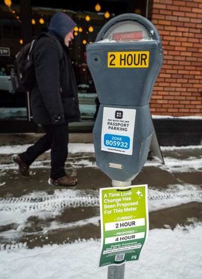 Meters in 61 spots are expected to see their maximum times increase from two hours to four, like this one on the north side of 1st Avenue between Cedar Street and Adams Street. There are 47 two-hour or four-hour spots that will change to all-day parking spots.  (COLIN MULVANY/THE SPOKESMAN-REVI)