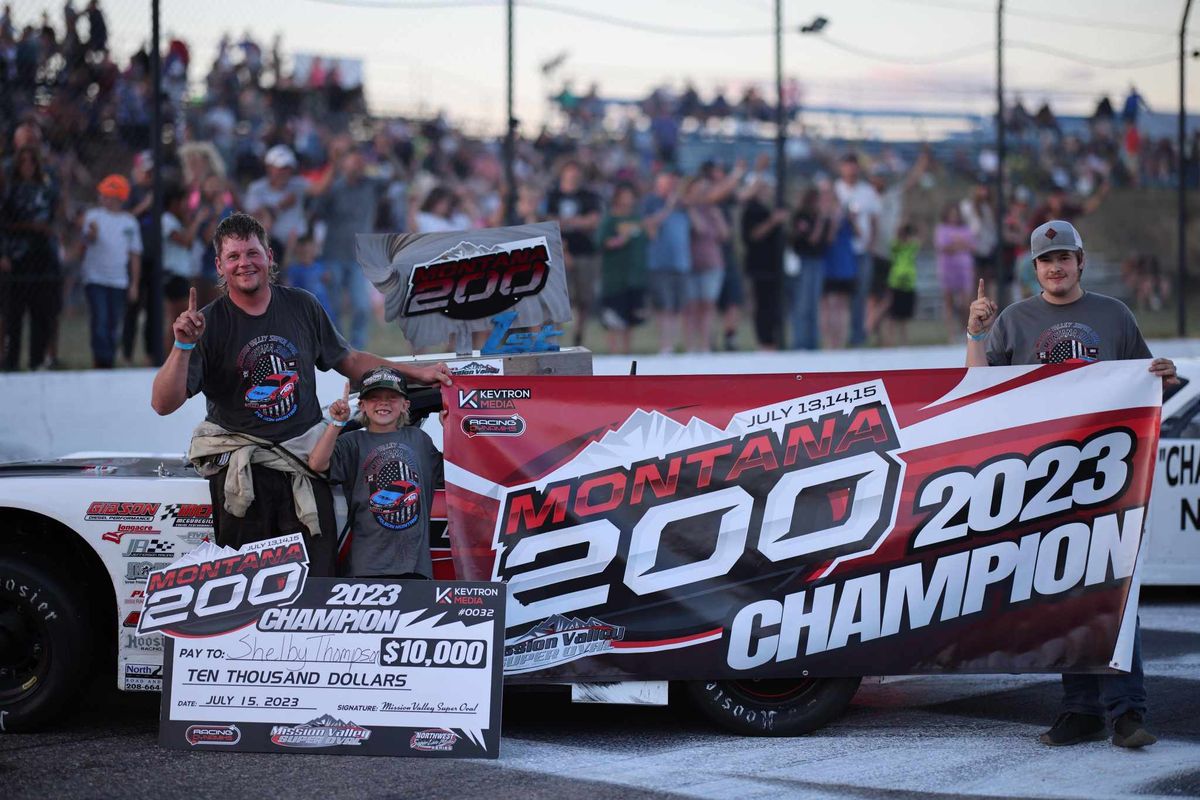 From left, Shelby Thompson, son Maverick and Jess Havens in victory circle at the Montana 200.  (Courtesy/Kyle Dishaw, Dishaw Photography)