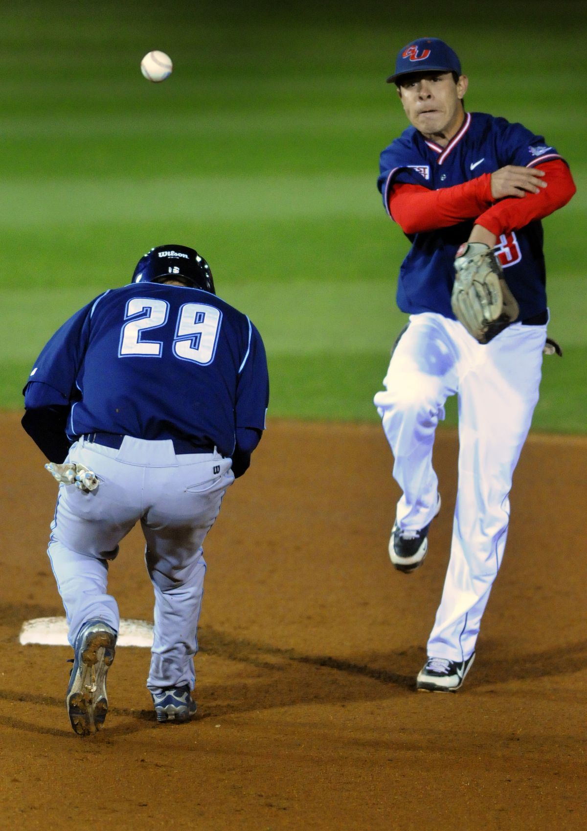 GU’s Ernesto Ortiz gets San Diego’s James Meador out at second  in the eighth inning.  (Colin Mulvany / The Spokesman-Review)