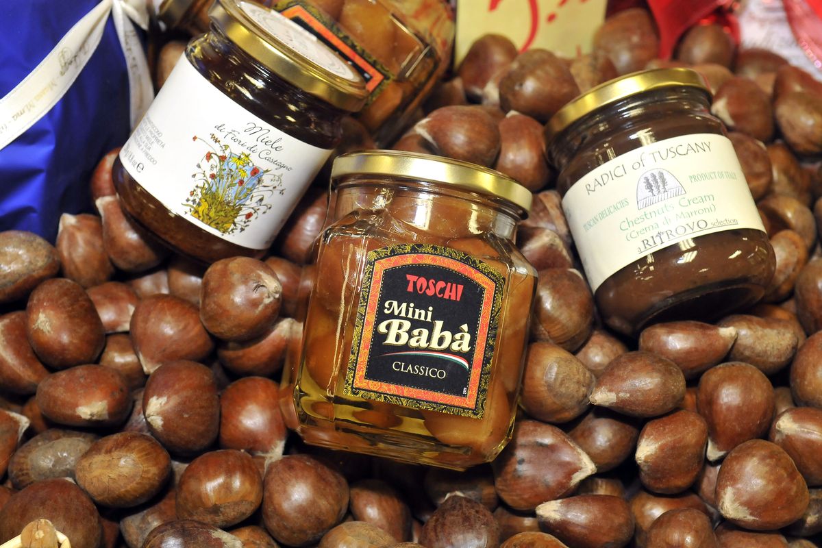 Raw chestnuts and commercially prepared chestnuts are on display at Cassano’s grocery at Mission Avenue and Napa Street in Spokane. (JESSE TINSLEY photos)