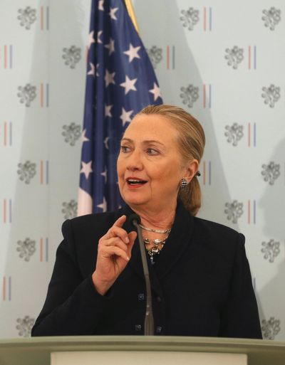 US Secretary of State Hillary Rodham Clinton addresses the media during a press conference with Czech Foreign Minister Karel Schwarzenberg, not pictured, at the Foreign Ministry in Prague, Czech Republic, Monday, Dec. 3, 2012. Secretary of State Clinton is lobbying the Czech Republic authorities to approve an American contract bid for an expansion of a nuclear power plant. (Petr Josek / Associated Press)
