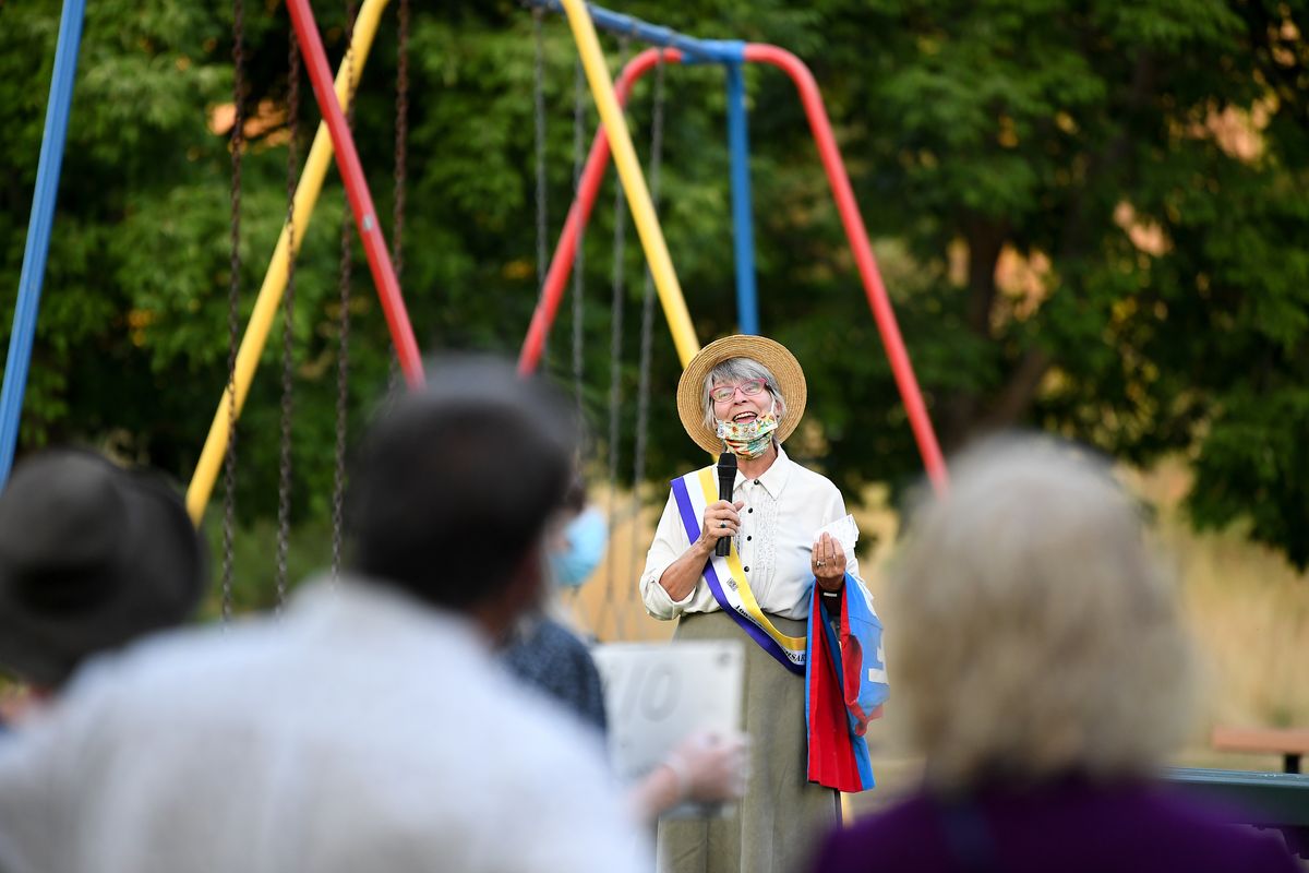Event organizer Claire Rudolf Murphy speaks Tuesday at Polly Judd Park.  (Tyler Tjomsland/THE SPOKESMAN-REVIEW)