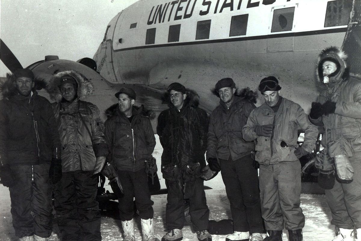 The crew of the Que Sera Sera, a Navy transport plane, at the South Pole on Oct. 31, 1956. The plane