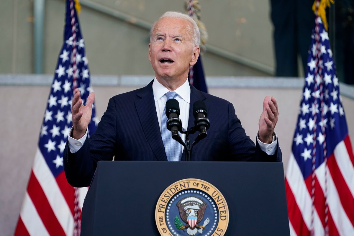 President Joe Biden delivers a speech on voting rights at the National Constitution Center, on July 13, 2021, in Philadelphia. Biden often talks about how the U.S. must show democracies can deliver, but he has done little to press the case for voting rights, other than a speech in Philadelphia.  (Evan Vucci)