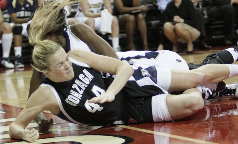 Gonzaga's Kelly Bowen crashes to the floor as she is fouled by Notre Dame's Devereaux Peters.  (Associated Press)