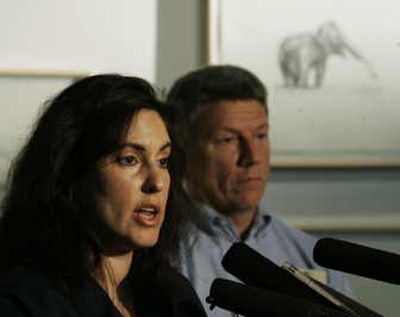 
Kelly Helmick, lead veterinarian at the Woodland Park Zoo, and Bruce Bohmke, deputy zoo director, talk to reporters Monday about the death of Hansa. Associated Press
 (Associated Press / The Spokesman-Review)
