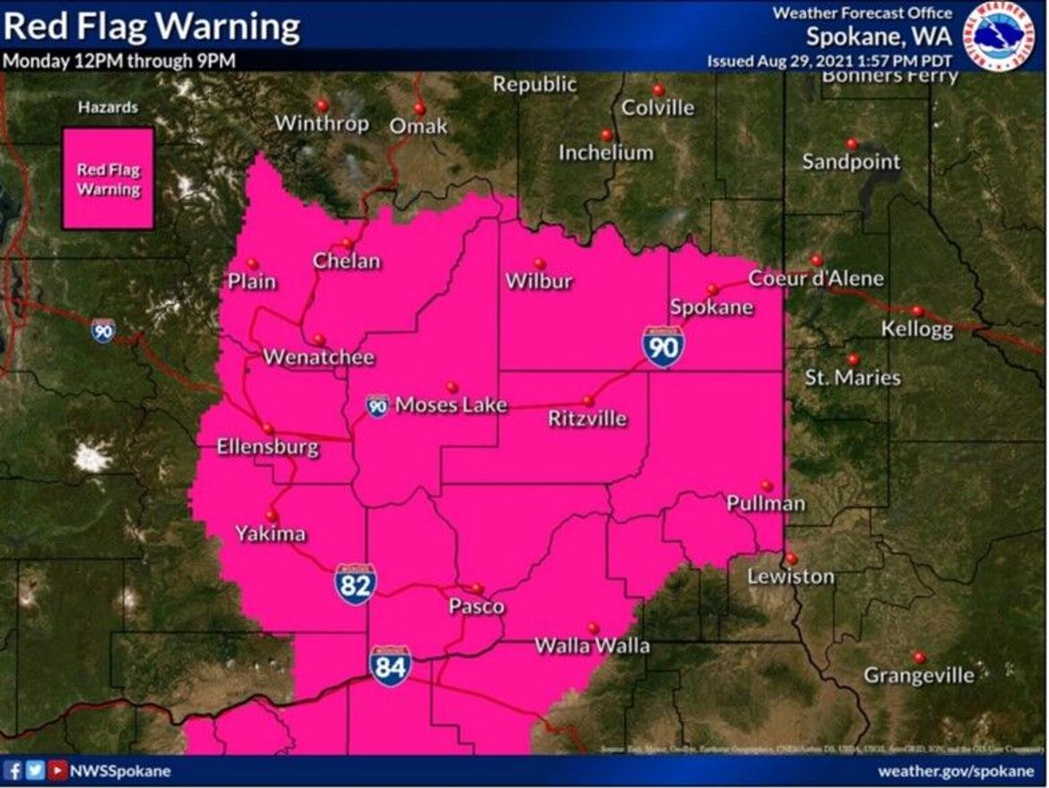 Red Flag warning issued for most of Eastern Washington on Monday