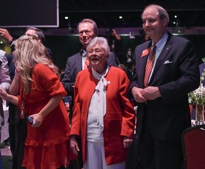 Alabama Gov. Kay Ivey listens to former President Donald Trump speak during the Alabama Republican Partyâ€™s Summer meeting at the Renaissance Montgomery Hotel on Aug. 4, 2023, in Montgomery, Alabama. (Julie Bennett/Getty Images/TNS)  (Julie Bennett/Getty Images North America/TNS)