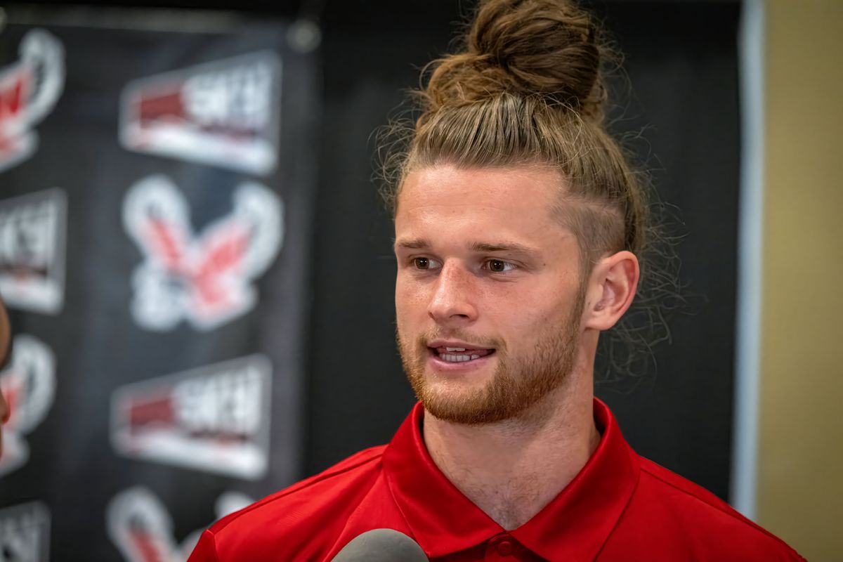 EWU receiver Nolan Ulm joins teammate Efton Chism III as fifth-year receivers for the Eagles.  (Colin Mulvany/The Spokesman-Review)