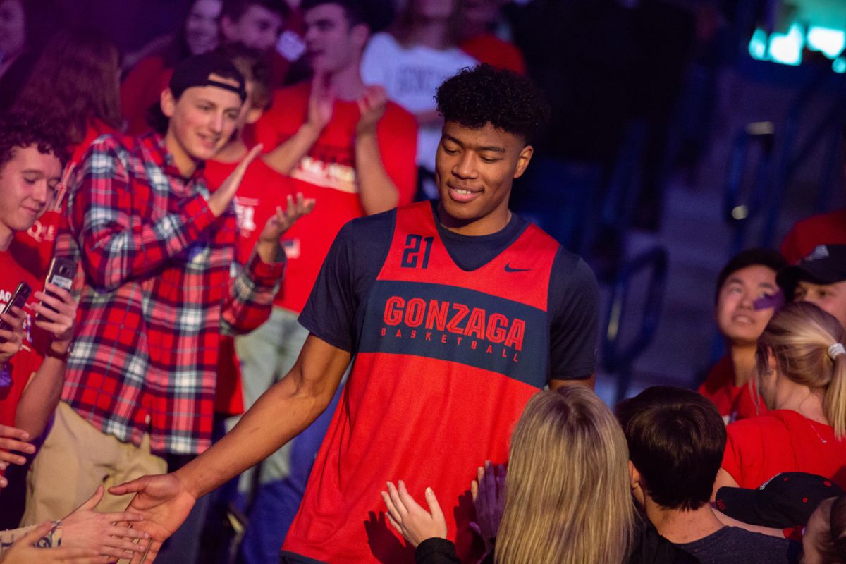 Rui Hachimura walks through the Kennel after being announced during Kraziness in the Kennel on Oct. 6  in Gonzaga’s McCarthey Athletic Center. (Libby Kamrowski / The Spokesman-Review)