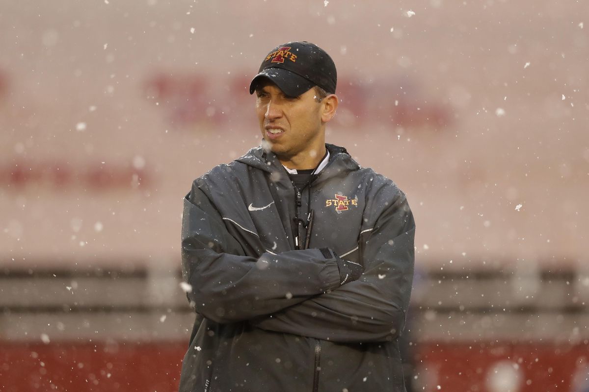 Iowa State head coach Matt Campbell stands on the field before an NCAA college football game against Drake, Saturday, Dec. 1, 2018, in Ames, Iowa. (Charlie Neibergall / AP)