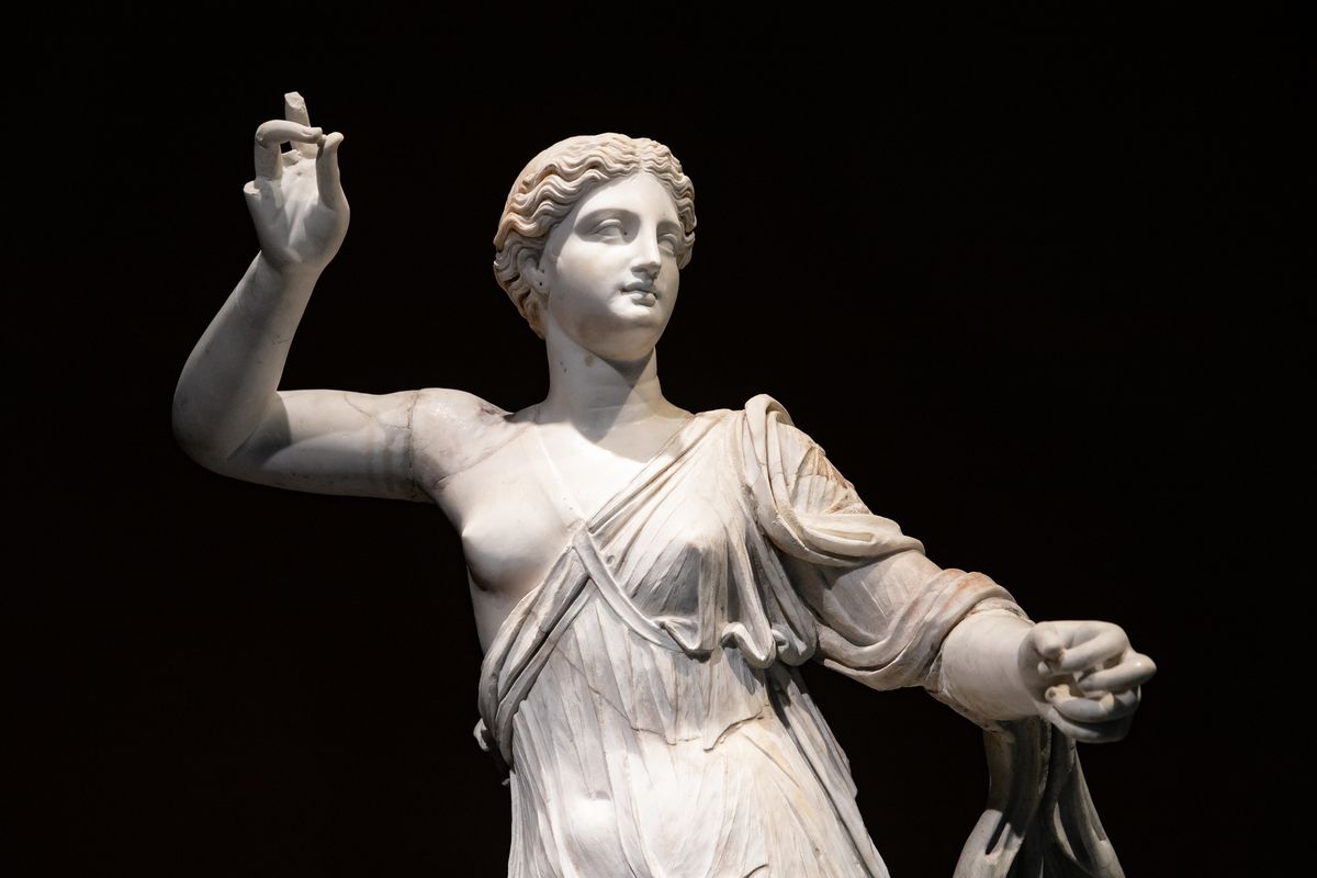  white marble statue of Diana on July 13 at the Northwest Museum of Arts and Culture. The museum shut down in late March but has its biggest exhibit, “Pompeii: The Immortal City,” on display because the curators could not return from Italy for the scheduled conclusion of the exhibit in May.  (Libby Kamrowski/The Spokesman-Review)