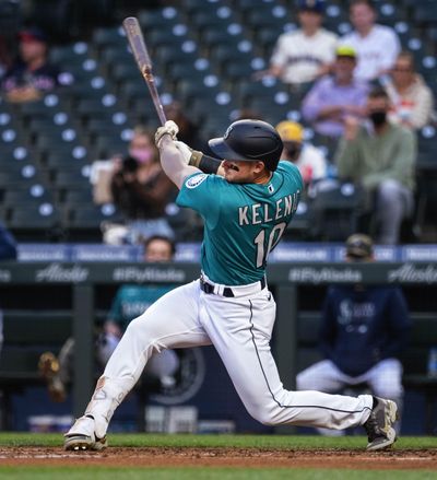 Seattle’s Jarred Kelenic hits his first major league home run, off Cleveland starter Aaron Civale on May 14, 2021, at T-Mobile Park in Seattle.  (Dean Rutz/Seattle Times)