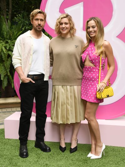 Left to right, Ryan Gosling, Greta Gerwig and Margot Robbie attend the press junket and photo call For 