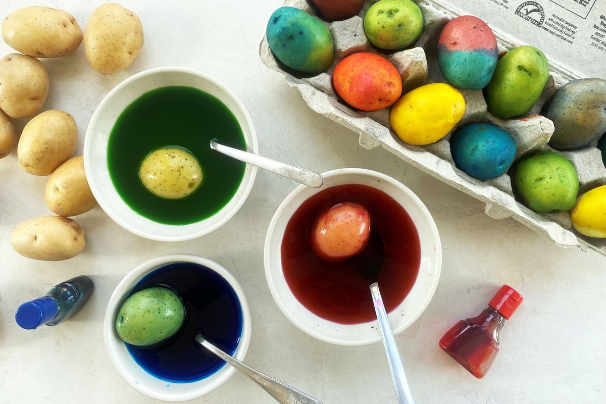 Dying potatoes as an alternative to eggs for Easter. (Lisa Cherkasky/For The Washington Post)
