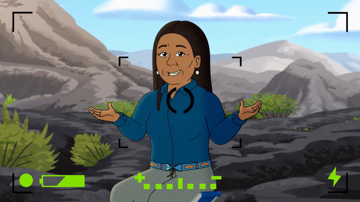 Gagu Rose, modeled after Rose Ann Abrahamson, in “Molly of Denali” brings the Shoshone-Bannock culture to life in “Molly of Denali” on PBS Kids. (PBS Kids screenshot)
