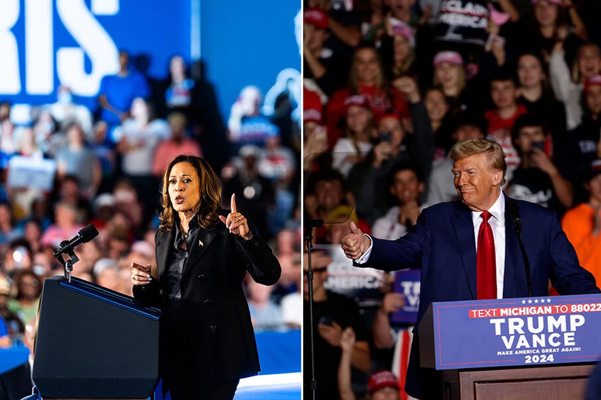 Above, on left: Vice President Kamala Harris during a campaign rally at the McHale Athletic Center in Wilkes-Barre, Pa., on Sept. 13. On right: Former President Donald Trump speaks at a campaign rally at Saginaw Valley State University in Michigan on Oct. 3.  (Demetrius Freeman, Kristen Norman/The Washington Post, for The Washington Post)