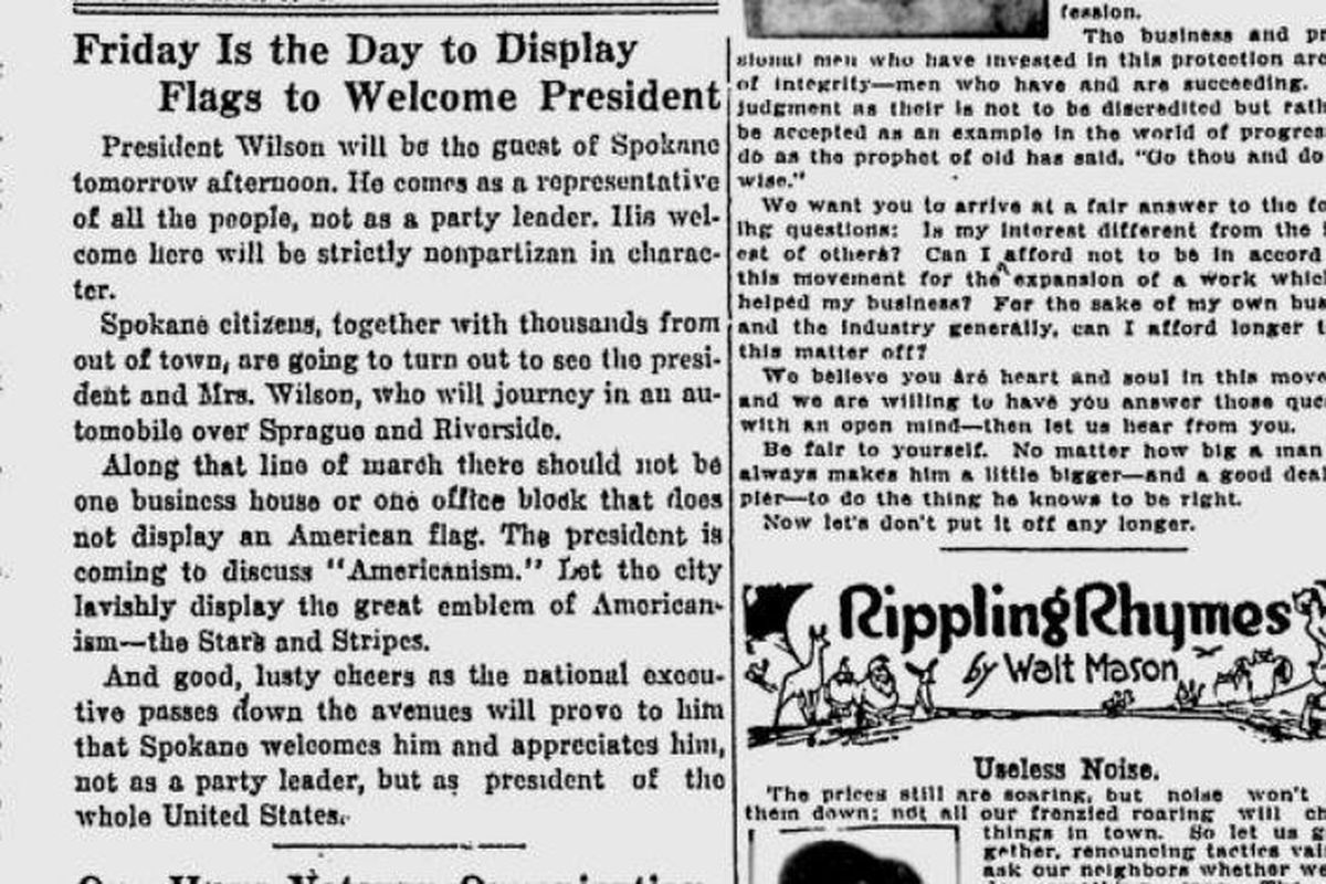 Spokane was preparing for the President Woodrow Wilson to give a speech at the armory in Spokane, the Spokane Daily Chronicle reported on Sept. 11, 1919. (Spokesman-Review archives)