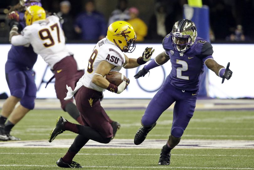 Arizona State safety Jordan Simone, middle, ranks No. 4 in the Pac-12 Conference in solo tackles. (Associated Press)