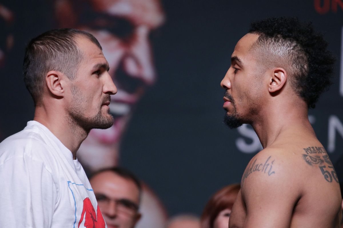 Sergey Kovalev, left, of Russia, and Andre Ward face off during a weigh-in Friday, Nov. 18, 2016, in Las Vegas. The two are scheduled to fight in a light heavyweight title bout Saturday in Las Vegas. (John Locher / Associated Press)