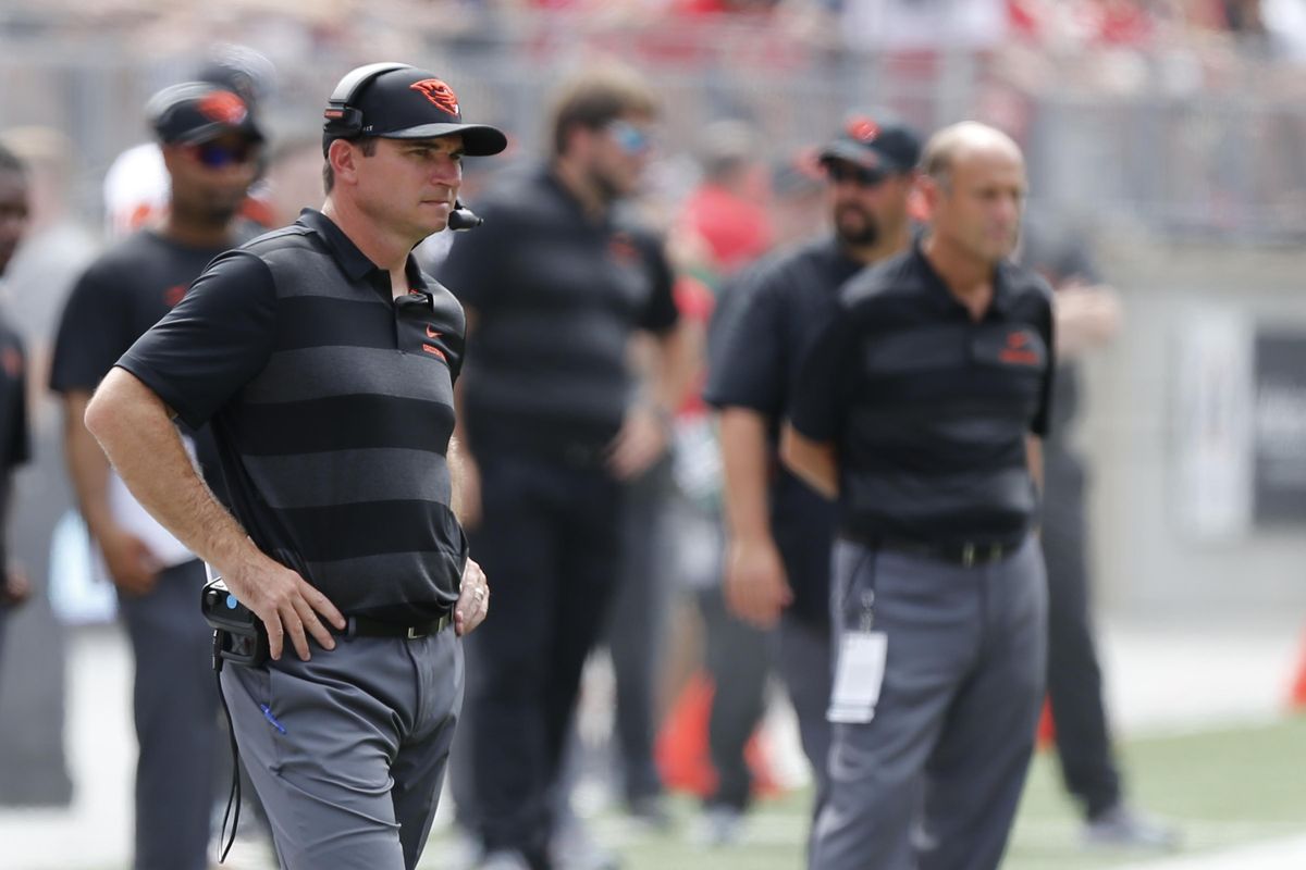 Oregon State head coach Jonathan Smith watches his team play against Ohio State  on Sept. 1 in Columbus, Ohio. (Jay LaPrete / AP)