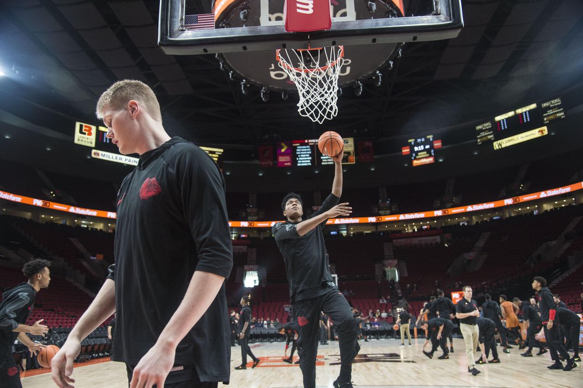 Gonzaga players, from left, Johnathan Williams, Jacob Larsen and Rui Hachimura warm up in the Moda Center before playing Texas, Sunday, Nov. 26, 2017, in Portland, Ore. (Dan Pelle / The Spokesman-Review)