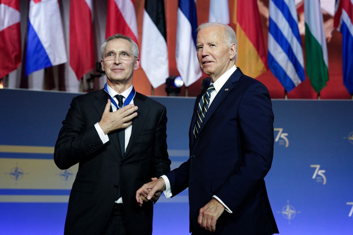 U.S. President Joe Biden awards the Presidential Medal of Freedom to NATO Secretary General Jens Stoltenberg after delivering remarks Tuesday on the 75th anniversary of NATO at the Andrew W. Mellon Auditorium in Washington, D.C.  (Yuri Gripas/Abaca Press/TNS)