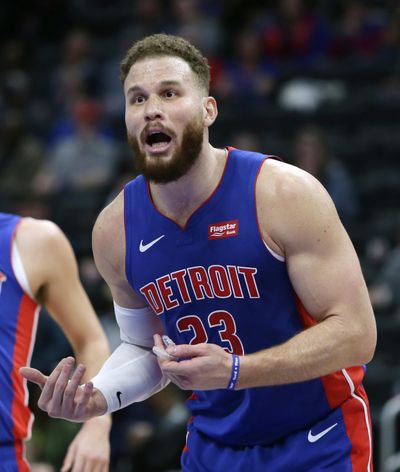 Detroit Pistons forward Blake Griffin (23) reacts after being whistled for a foul during the fourth quarter of an NBA basketball game against the Charlotte Hornets, Sunday, April 7, 2019, in Detroit. (Duane Burleson / Associated Press)