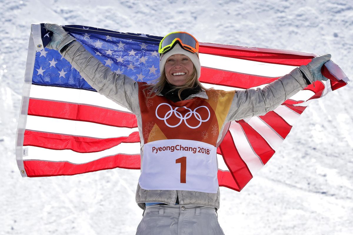 Jamie Anderson, of the United States, celebrates winning gold after the women’s slopestyle final at Phoenix Snow Park at the 2018 Winter Olympics in Pyeongchang, South Korea, Monday, Feb. 12, 2018. (Lee Jin-man / Associated Press)