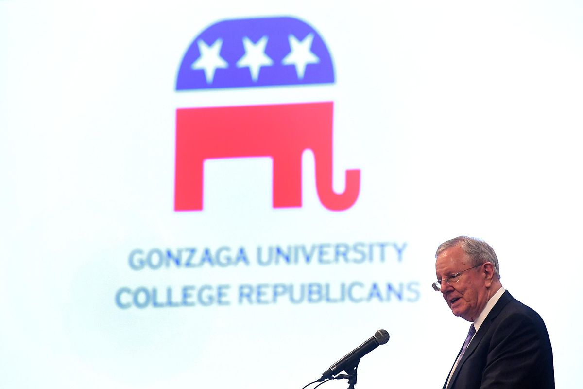 Steve Forbes, a publisher and two-time presidential candidate, speaks Wednesday, Feb. 7, 2018, on “How Capitalism Will Save Us”  at Gonzaga University. The event was sponsored by the university’s College Republicans. (Colin Mulvany / The Spokesman-Review)