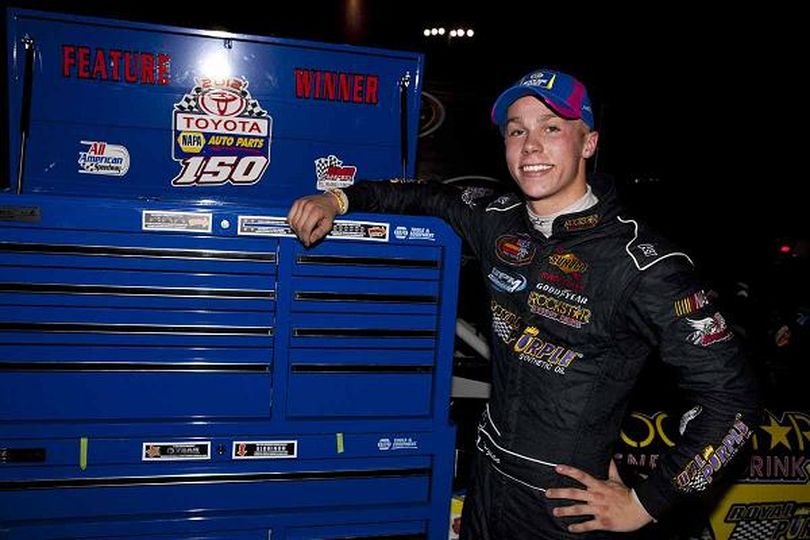 Dylan Kwasniewski with the winning trophy from the NAPA 150 at All-American Speedway in Roseville, Calif. (Photo Credit: Getty Images for NASCAR) (Jason Watson / Getty Images North America)