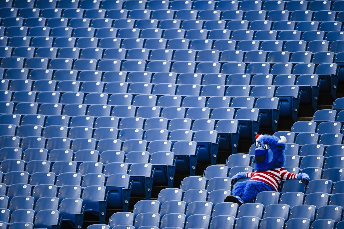 The Buffalo Bills’ mascot watches from empty stands during the second half of a Nov. 1 game against New England in Orchard Park, N.Y.  (Associated Press)