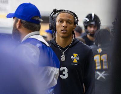 Idaho quarterback Joshua Wood (3) stands on the sideline during Idaho’s homecoming game against the Northern Colorado Bears in the Kibbie Dome on Saturday, Oct. 11, 2025 in Moscow, Idaho. Wood is out with a knee injury.  (Iain Crimmins/For The Spokesman-Review)