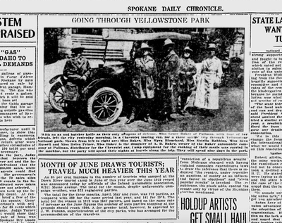 The Spokane Daily Chronicle ran a photo of five young Pullman women getting ready to embark on a three-week trip to Yellowstone National Park in a Chevrolet touring car.  (Spokane Daily Chronicle archives)
