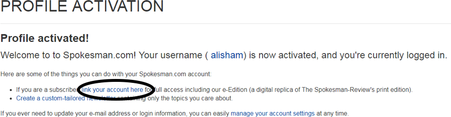 Screenshot of 'link your account here' text