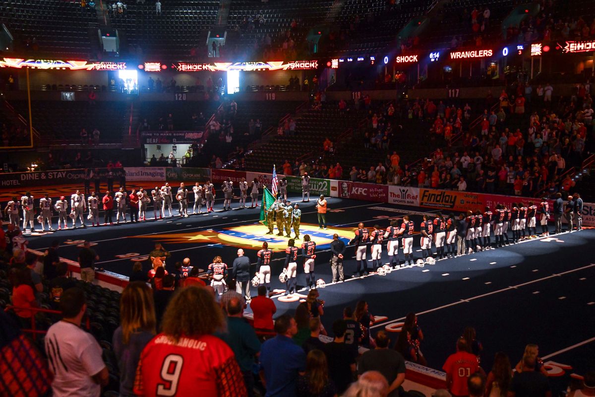 Spokane Shock fans were finally able to see their Indoor Football League team play in person on Saturday in the Arena.  (DAN PELLE/THE SPOKESMAN-REVIEW)