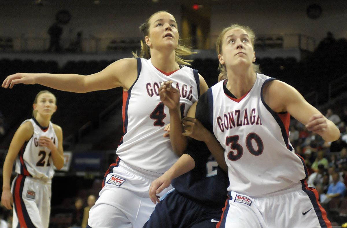 Kelly Bowen, center, and Heather Bowman squeeze out a San Diego player jostling for rebounding positioning.  (CHRISTOPHER ANDERSON / The Spokesman-Review)