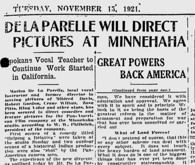 Marion De La Perelle promised to make more sophisticated comedies than his slapstick roots under contract with Pan-American Film Co. in Minnehaha on Nov. 15, 1921.  (S-R archives)