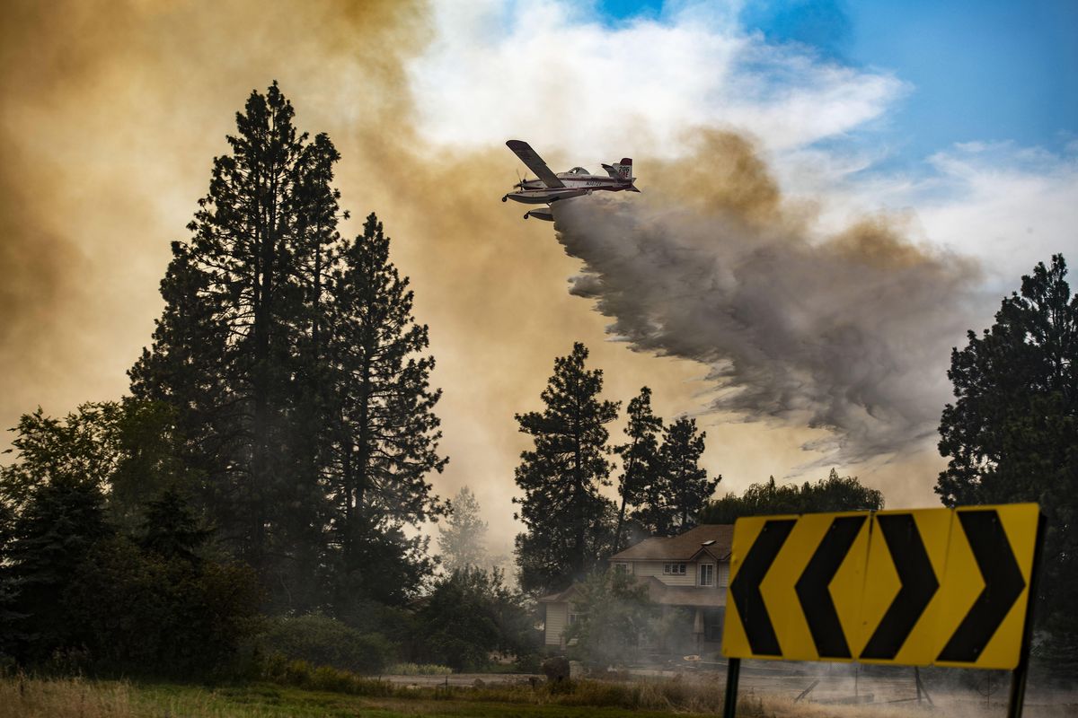 One of four Fire Boss airplanes, similar to the one that force landed Tuesday in Ferry County, hits the Silver Lake fire along Granite Lake Road just south of Interstate 90 and just west of Four Lakes earlier this month. (Colin Mulvany / The Spokesman-Review)