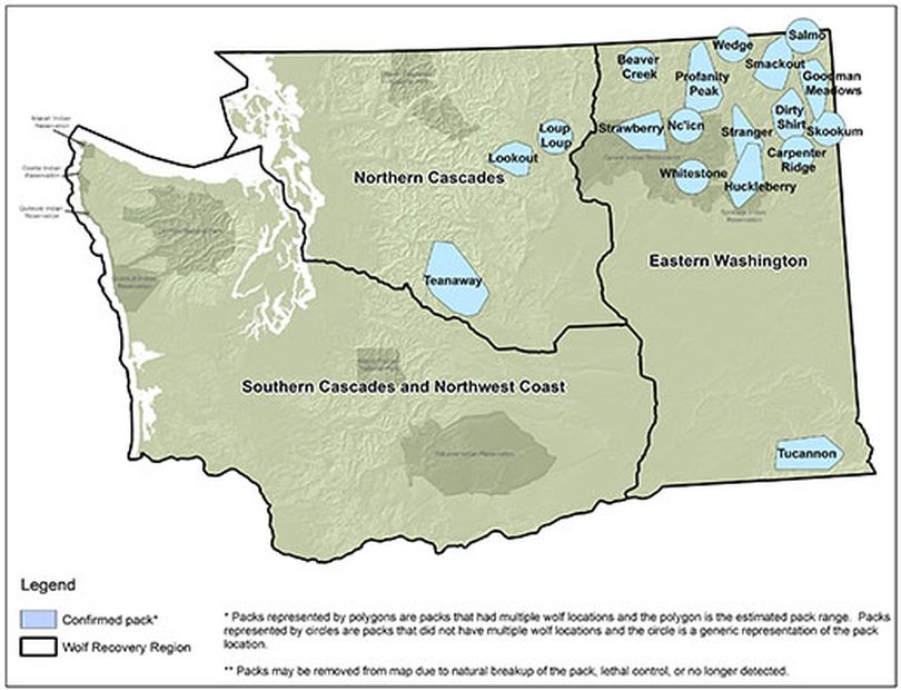 Washington wolf packs and their territories, updated in March 2016. (Washington Department of Fish and Wildlife)