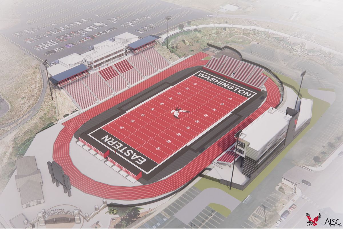 Proposed changes at Roos Field at Eastern Washington University would include a new press box on the visitors’ side and additional seating above the main grandstand.  (Courtesy of ALSC architects)