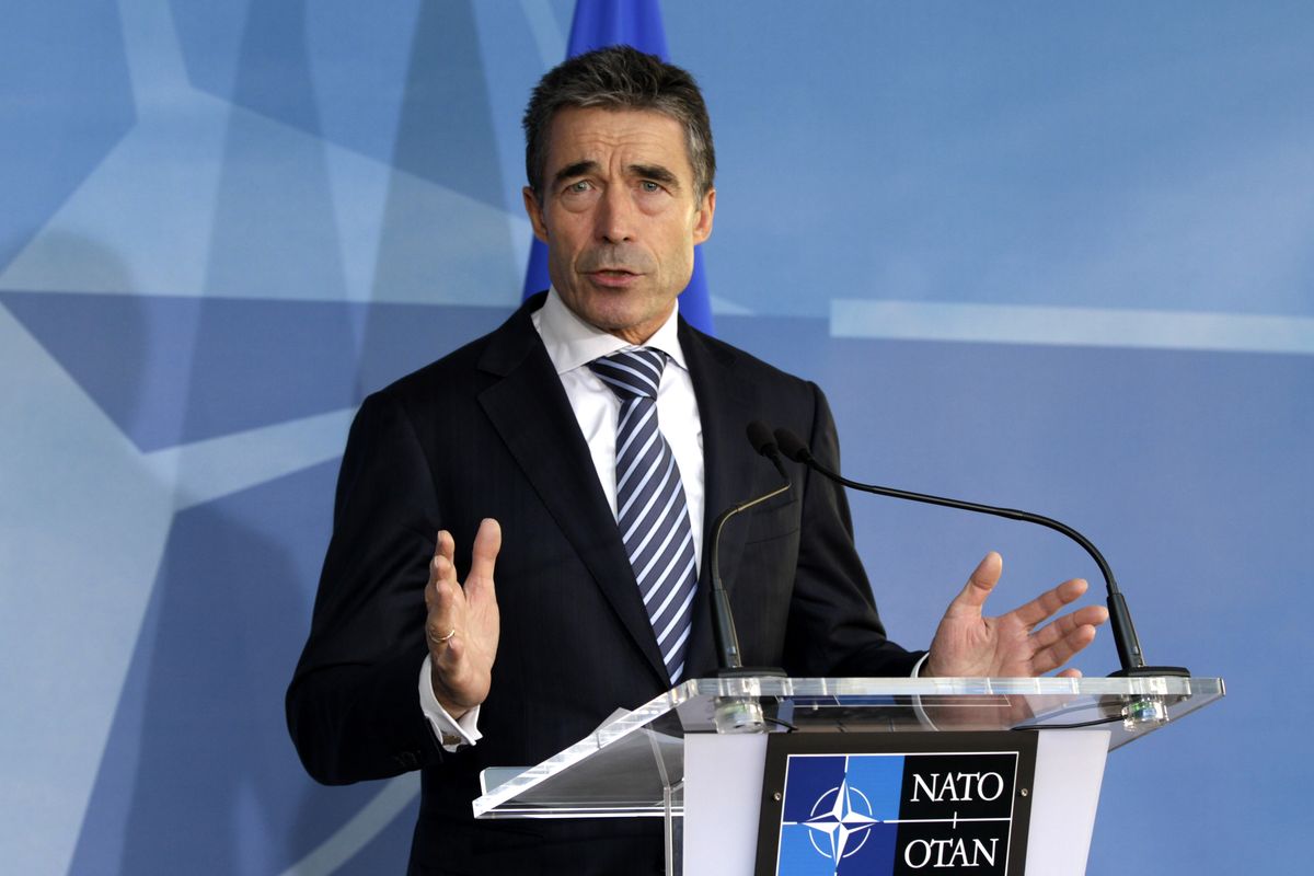 NATO Secretary General Anders Fogh Rasmussen speaks during a media conference prior to a meeting of NATO Defense Ministers at NATO headquarters in Brussels on Tuesday, Oct. 9, 2012. NATO defense leaders gathering for a two-day meeting in Brussels, are committed to the war in Afghanistan, according to U.S. and alliance officials, but there are growing signs that the Afghan political and military hostilities against the coalition are starting to wear on the coalition. (Virginia Mayo / Associated Press)