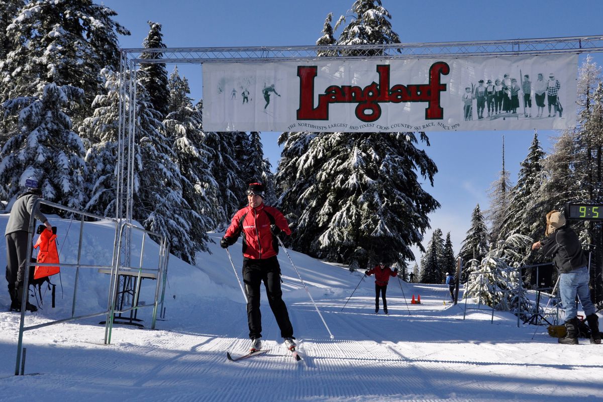 Brad Bauer, 10-time overall winner, warms up before the 10-kilometer Spokane Langlauf cross-country ski race at Mount Spokane on Feb. 21, 2016.   (Rich Landers)
