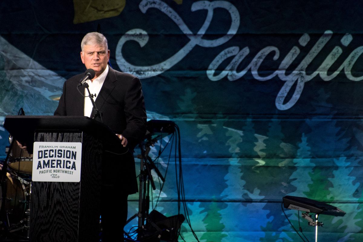 The Rev. Franklin Graham speaks  during his Decision America tour across the Pacific Northwest, during which he is urging people to vote in the midterm elections on Thursday, Aug. 9, 2018, at the Spokane County Fair and Expo Center. (Tyler Tjomsland / The Spokesman-Review)