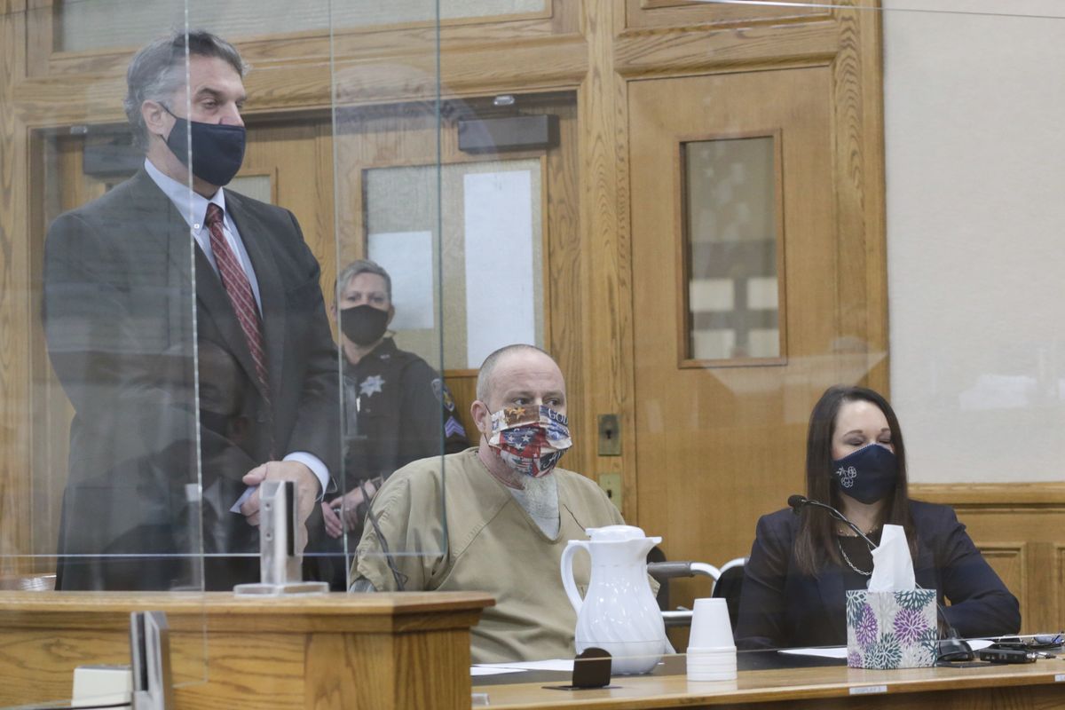 Defense attorney James Archibald addresses Judge Joel Tingey during the plea hearing of Brian Dripps at the Bonneville County Courthouse on Tuesday, Feb. 9, 2021 in Idaho Falls, Idaho. Dripps plead guilty to the rape and murder of Angie Dodge in 1996.  (John Roark)